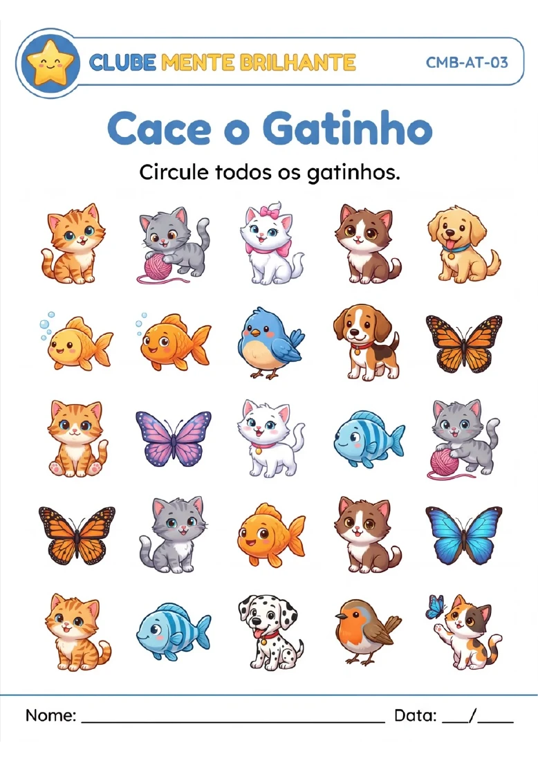 Atividade real do Clube: Cace o Gatinho, pronta para imprimir