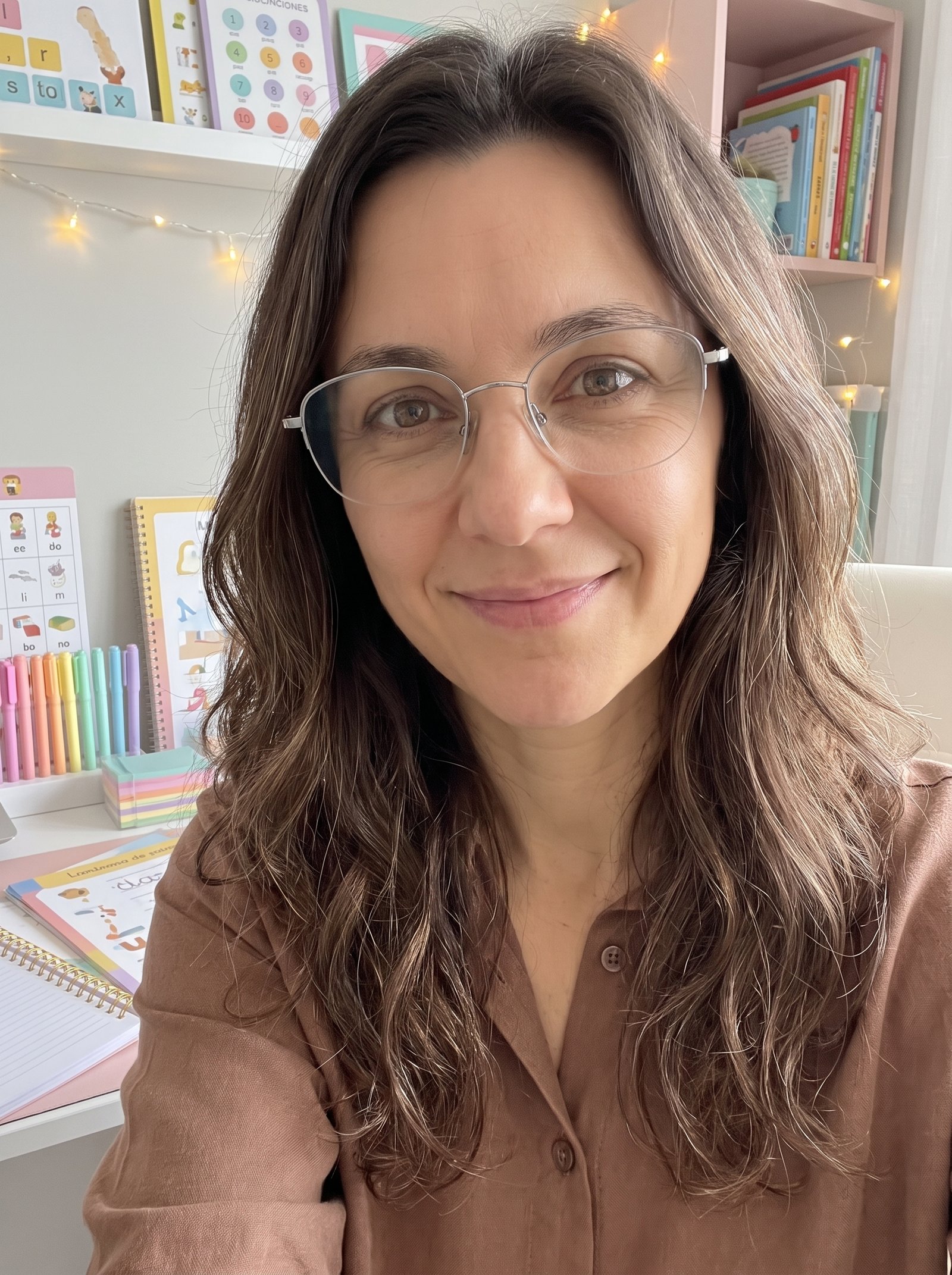 Professora Juliana em seu ambiente de materiais educativos
